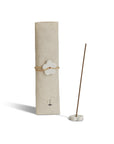Cedar Incense with Ceramic Flower incense holder and the hand-wrapped packaging at the back