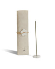 Hinoki Japanese incense with flower ceramic incense holder and beautifully hand-wrapped packaging behind