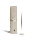 Hinoki Japanese incense with flower ceramic incense holder and beautifully hand-wrapped packaging behind