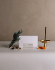 Black copal incense stick in brass incense holder with box, pine sprig, resin pieces, and orange peel