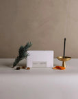 Black copal incense stick in brass incense holder with box, pine sprig, resin pieces, and orange peel