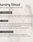 Three-step burning ritual guide showing how to set intent, smudge with a smudge stick, and express gratitude for cleansing
