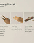 Burning Ritual Kit contents including mini incense sticks, Palo Santo wood from Peru and Ecuador, mini white sage, and brass incense holder, with labels