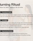 instructions for a burning ritual showing three steps of focusing on intent, smudging, and expressing gratitude