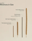 several incense sticks with labeled differences in size