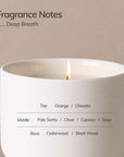 candle with fragrance notes such as orange, chinotto, palo santo, clove, cypress, sage, cedarwood, black wood