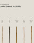 hand rolled incense sticks in palo santo black copal lavender cinnamon and white sage scents displayed with scent notes