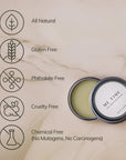key points of our ME TIME self-massage balm: all natural, gluten free, phthalate free, cruelty free, chemical free