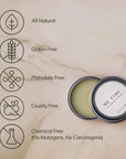 key points of our ME TIME self-massage balm: all natural, gluten free, phthalate free, cruelty free, chemical free