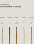 hand rolled natural incense sticks in palo santo black copal lavender cinnamon and white sage with scent descriptions