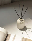 Tabletop scene with reed diffuser and open book, ideal for a tranquil, homey vibe