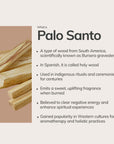 Infographic explaining Palo Santo wood, its South American origin, spiritual uses, and aromatic benefits