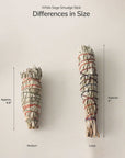 medium and large white sage smudge sticks side by side with approximate measurements