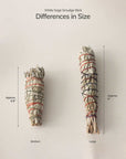 medium and large white sage smudge sticks shown side by side with approximate measurements