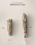 medium and large white sage smudge sticks shown side by side with approximate measurements