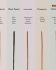 incense sticks: palo santo, black copal, lavender, cinnamon, white sage.
