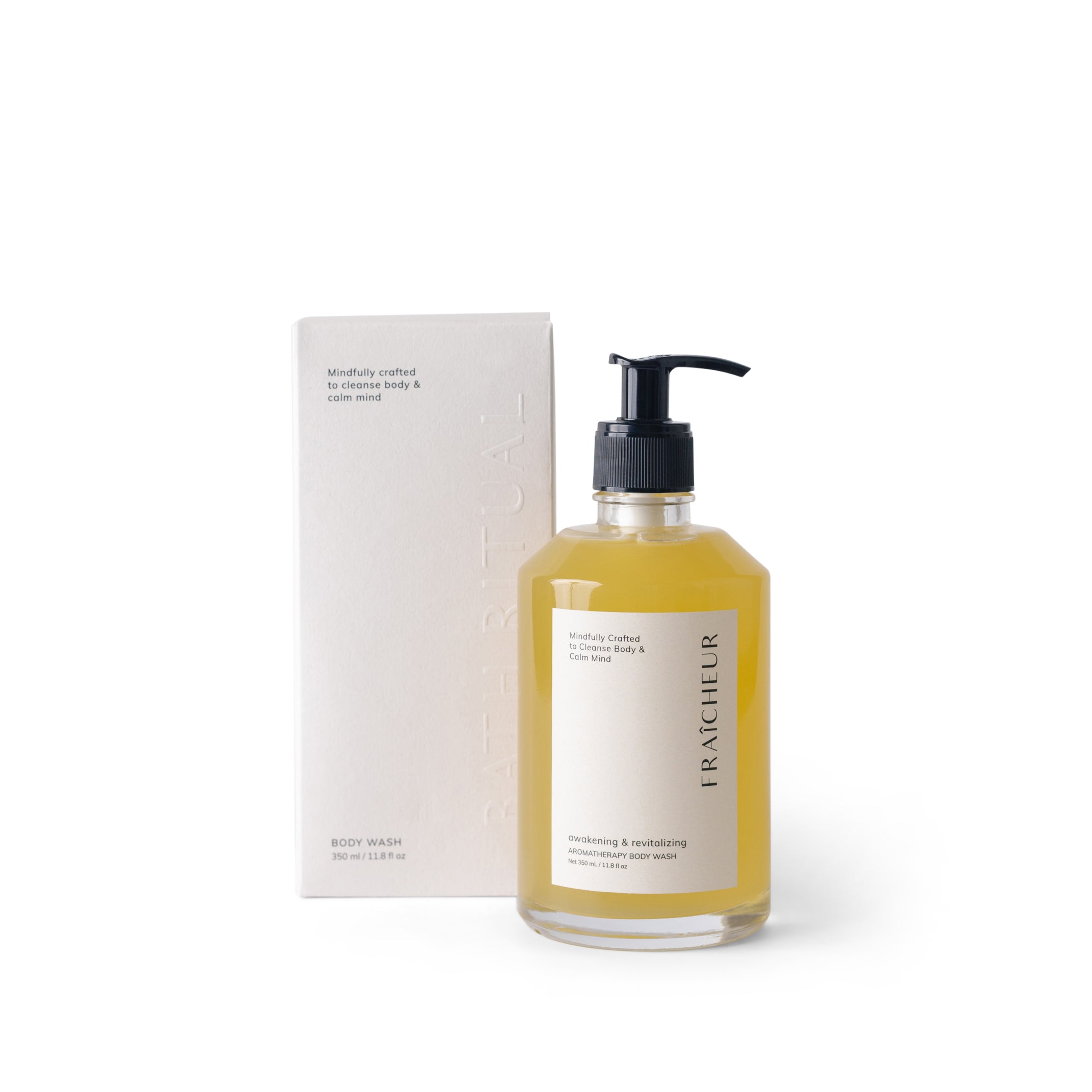 aromatherapy body wash with pump and white box on a white background