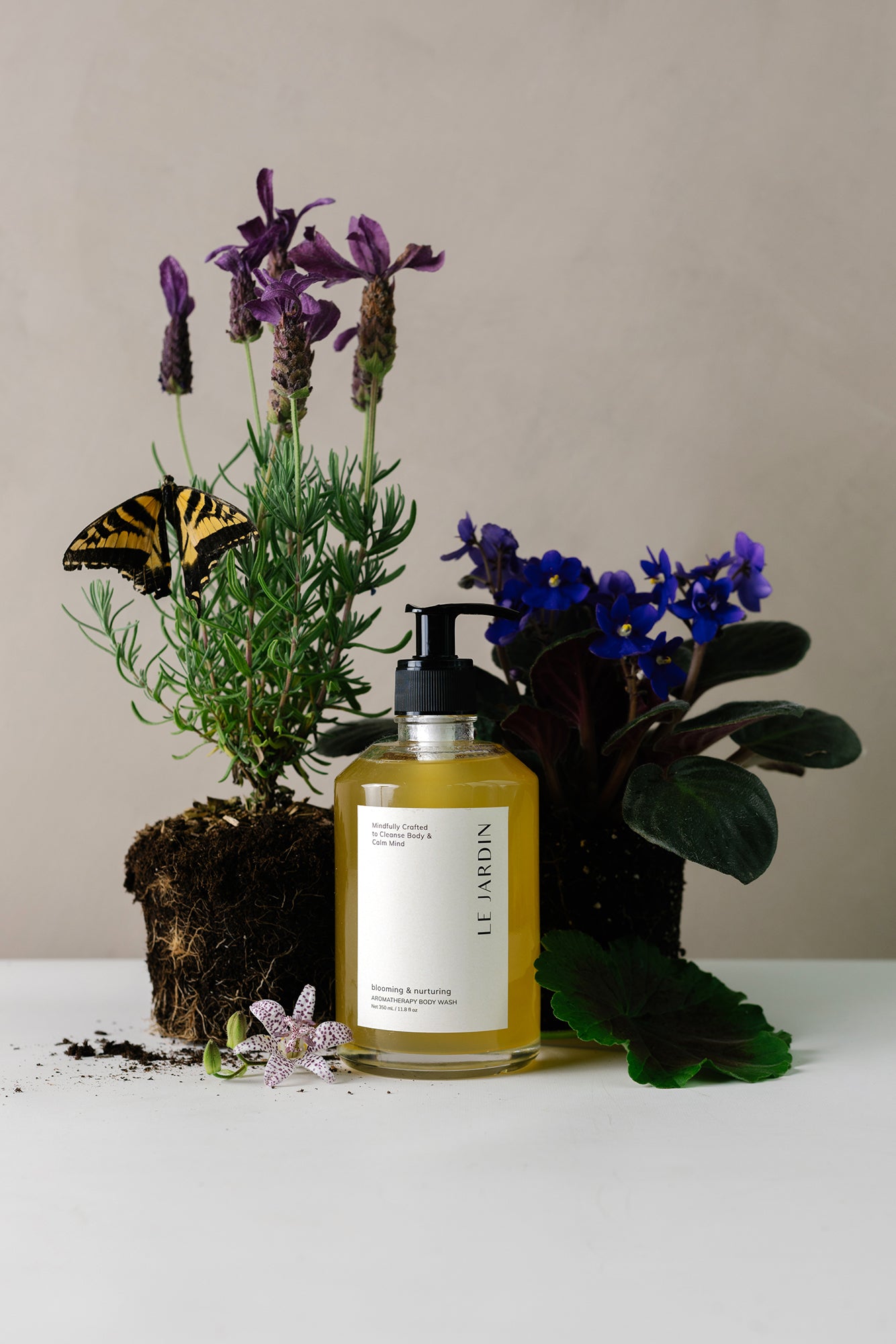 calming organic aromatherapy body wash surrounded by fresh botanicals, highlighting mindful cleansing rituals.
