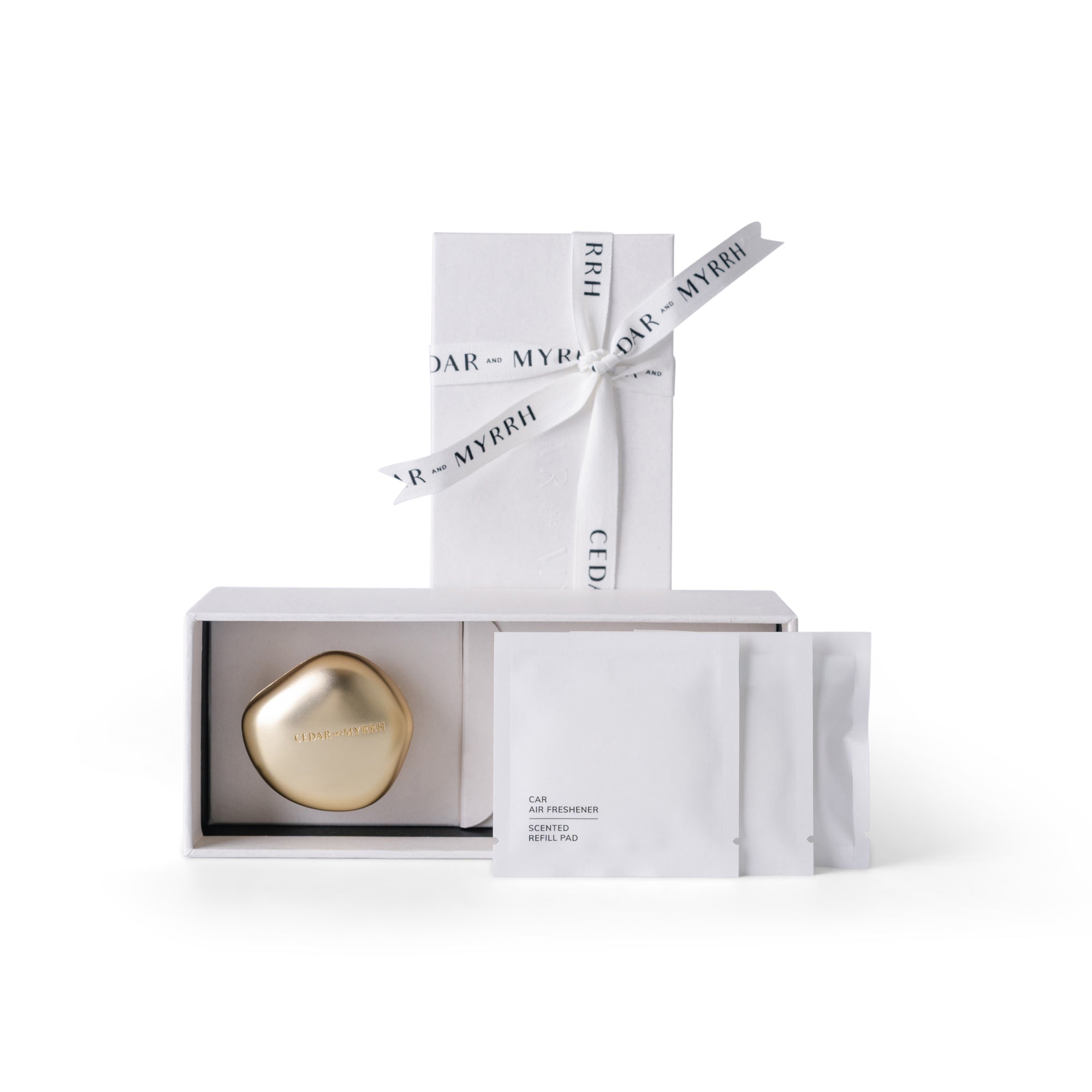 Mantra car air freshener gift set with zinc alloy diffuser and three scented refill pads