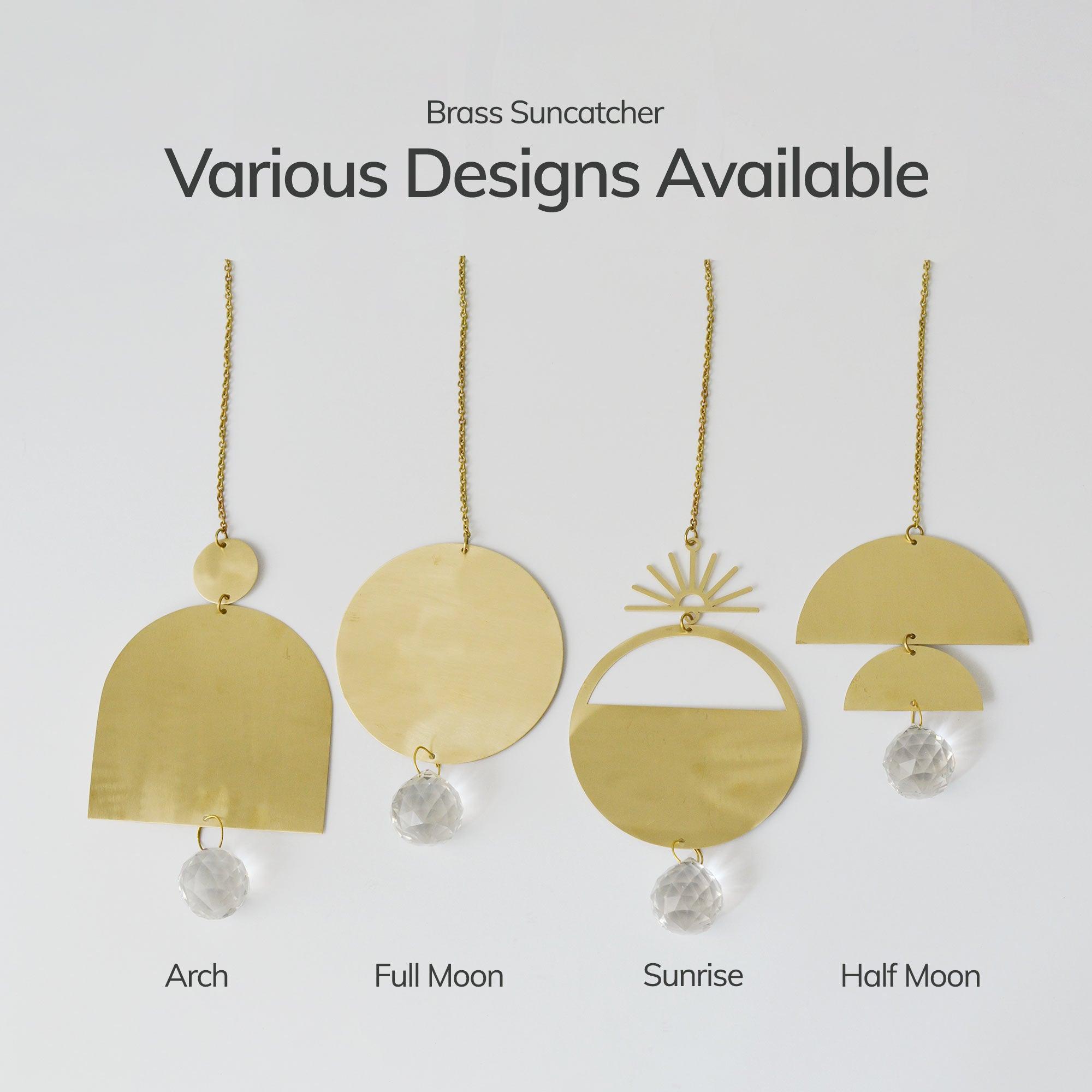 four brass suncatcher designs: arch, full moon, sunrise, half moon