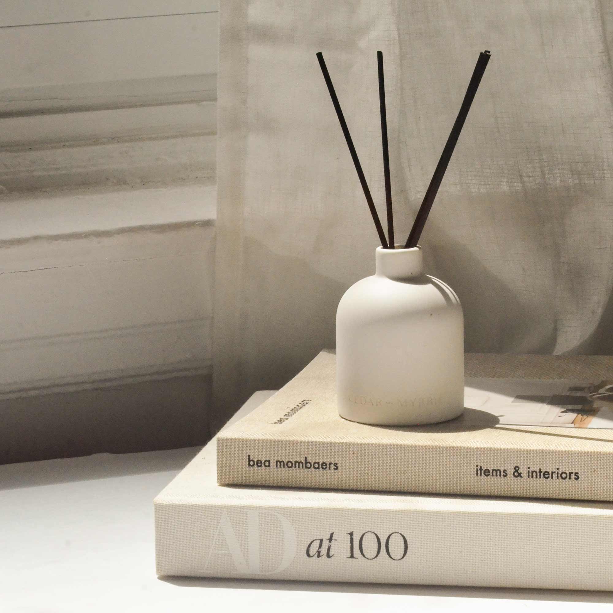 diffuser with reed sticks placed on the books