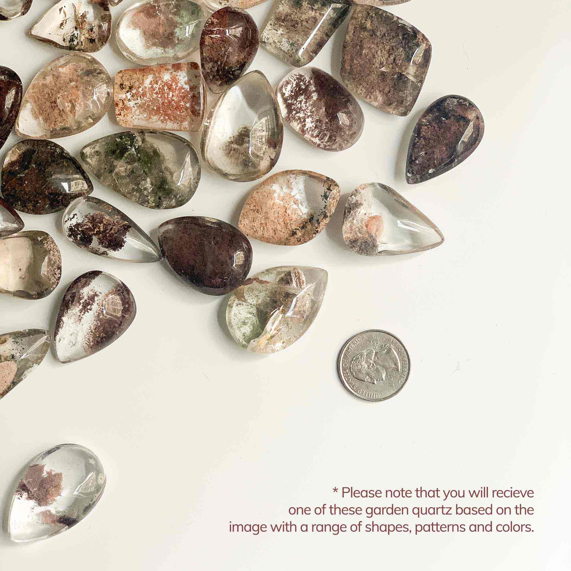 quarter coin and different garden quartz with different size, pattern and hue