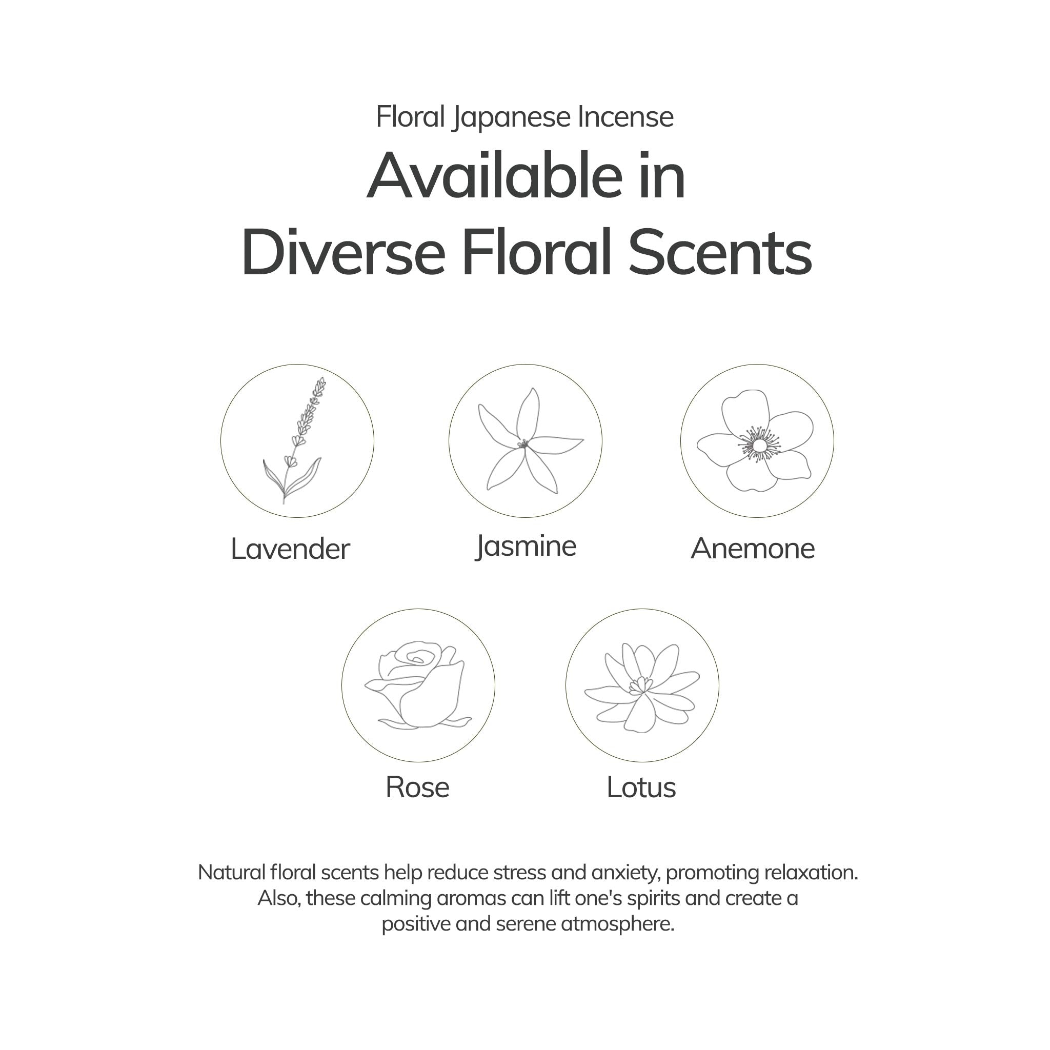 floral fragrance options: lavender, jasmine, anemone, rose, lotus