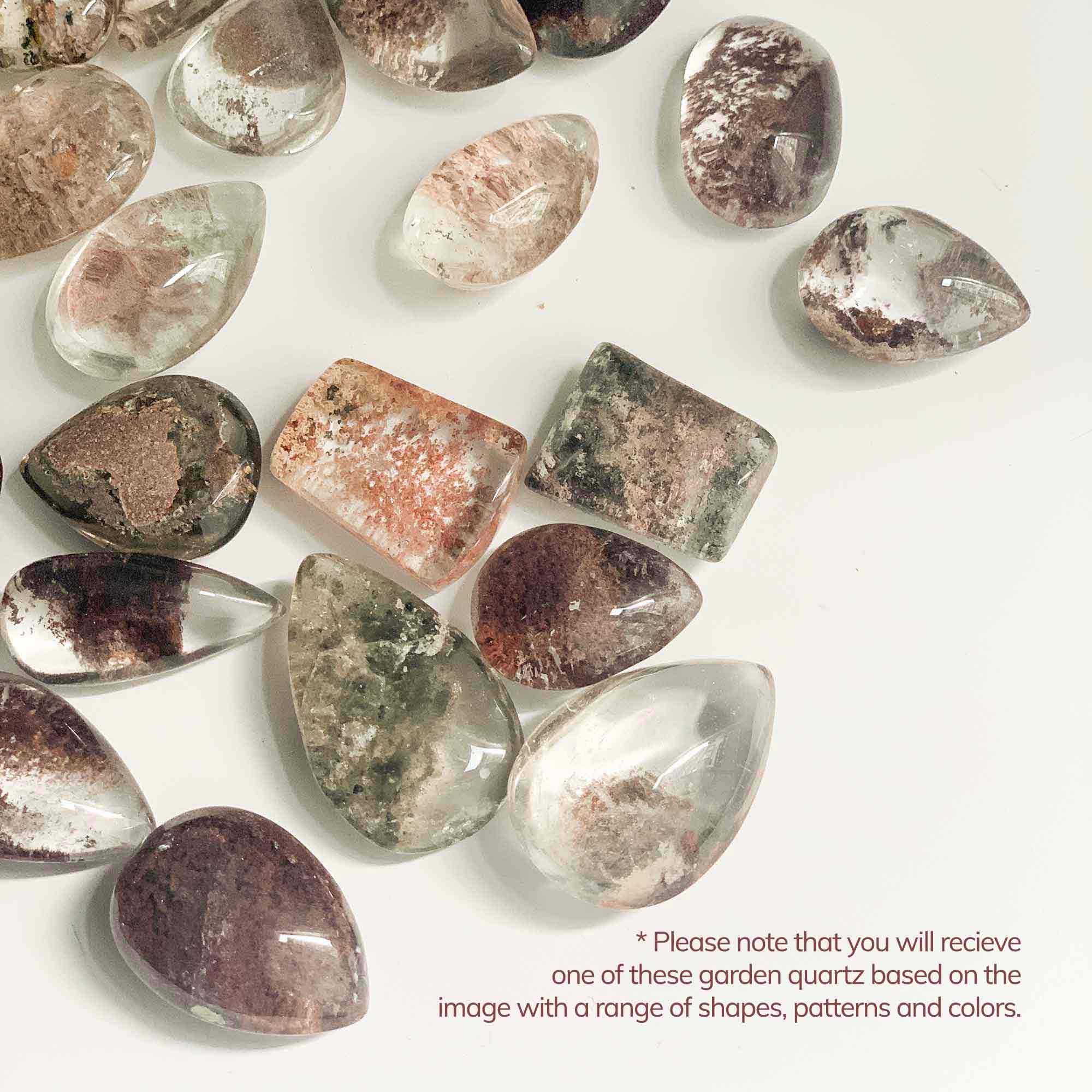 several patterns, colors and sizes of garden quartz crystals