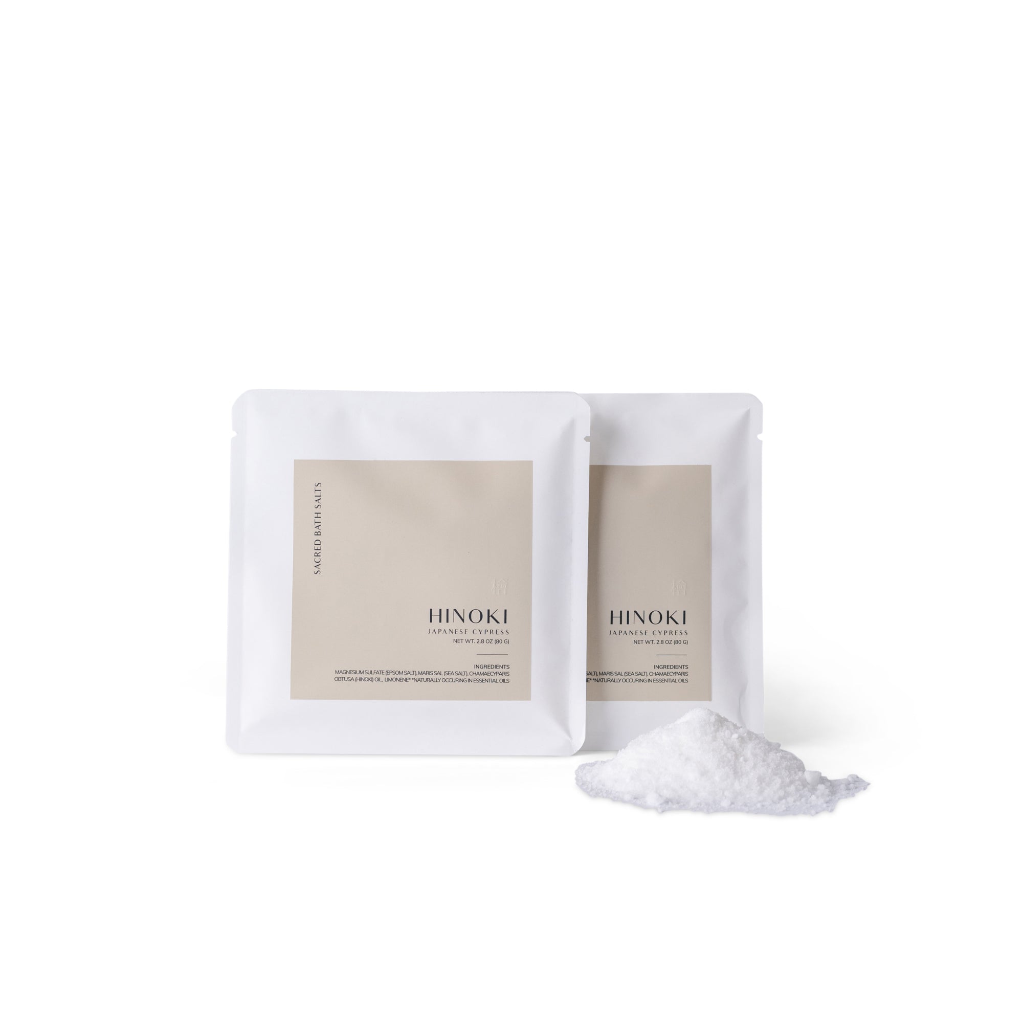 two hinoki bath salt pouch with packaging