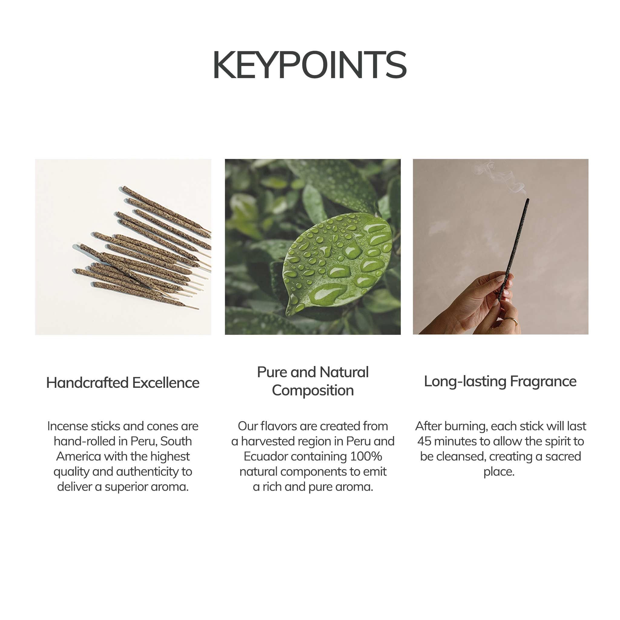 3 key points | left: mini incense sticks bundle; center: natural leaf; right: holding burning incense stick.