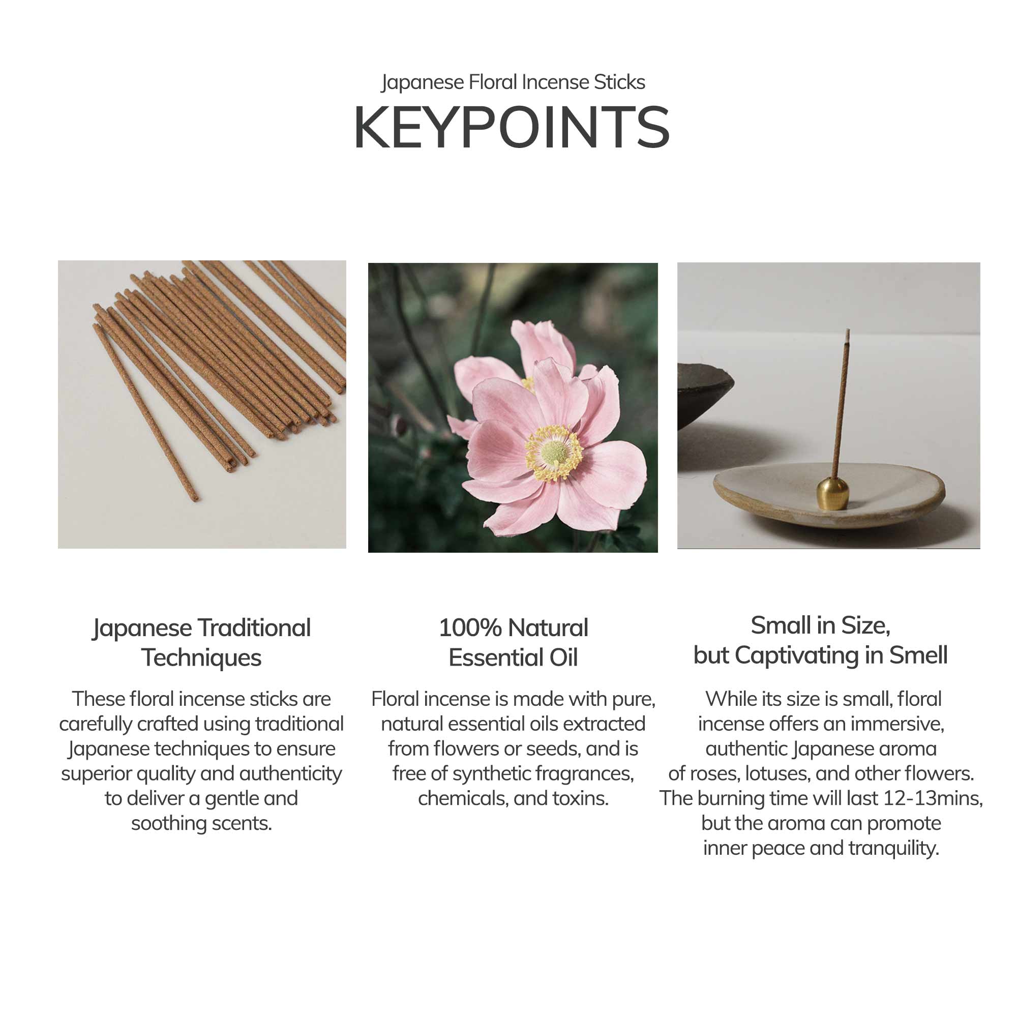 floral incense sticks with Japanese Traditional techniques, 100% essential oil extracted from the flowers, small floral incense stick on the incense holder