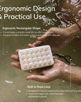 holding bar soap in water with text about ergonimic design and practical use