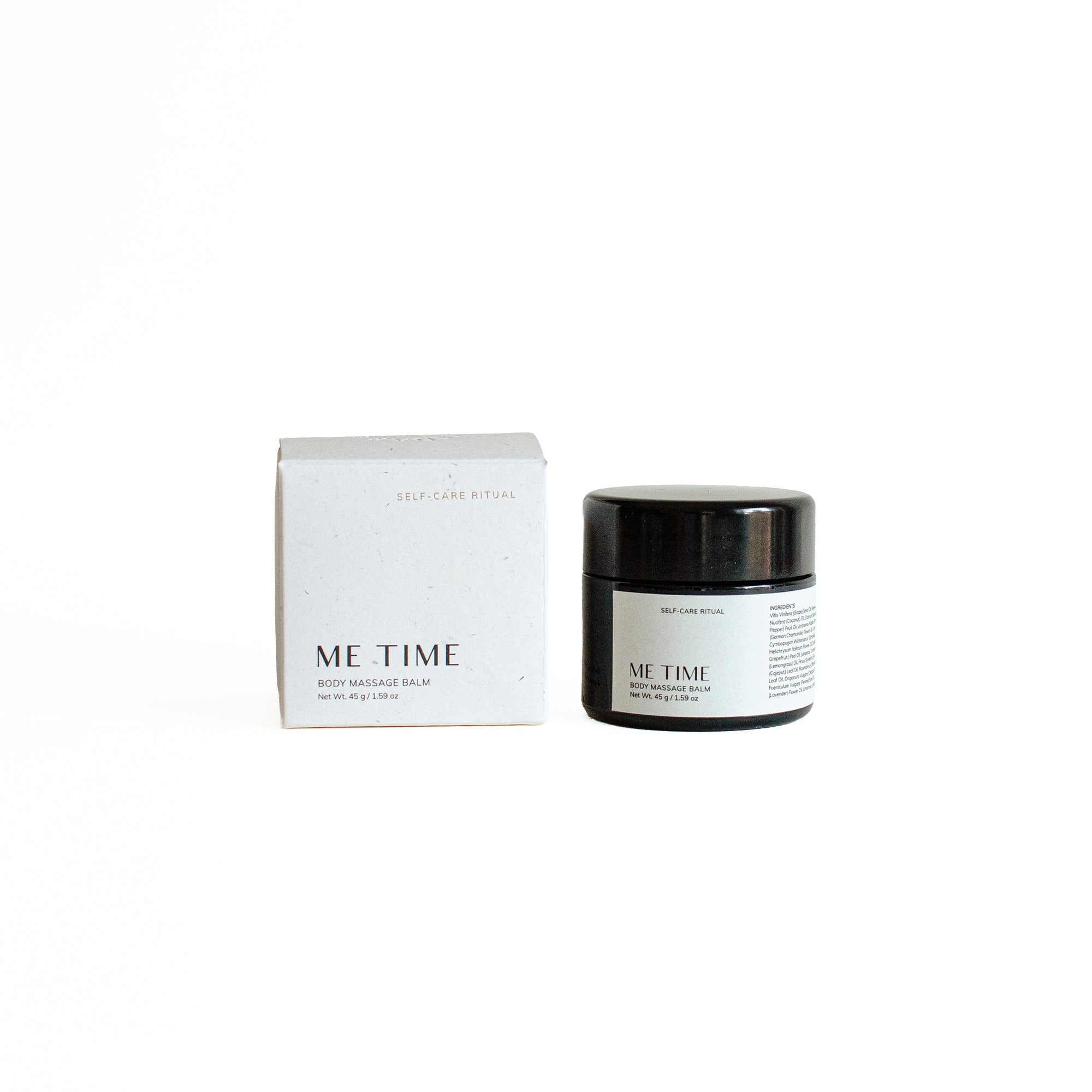ME TIME botanical body massage balm in minimalist jar with self-care ritual packaging for daily moisturizing and relaxation use