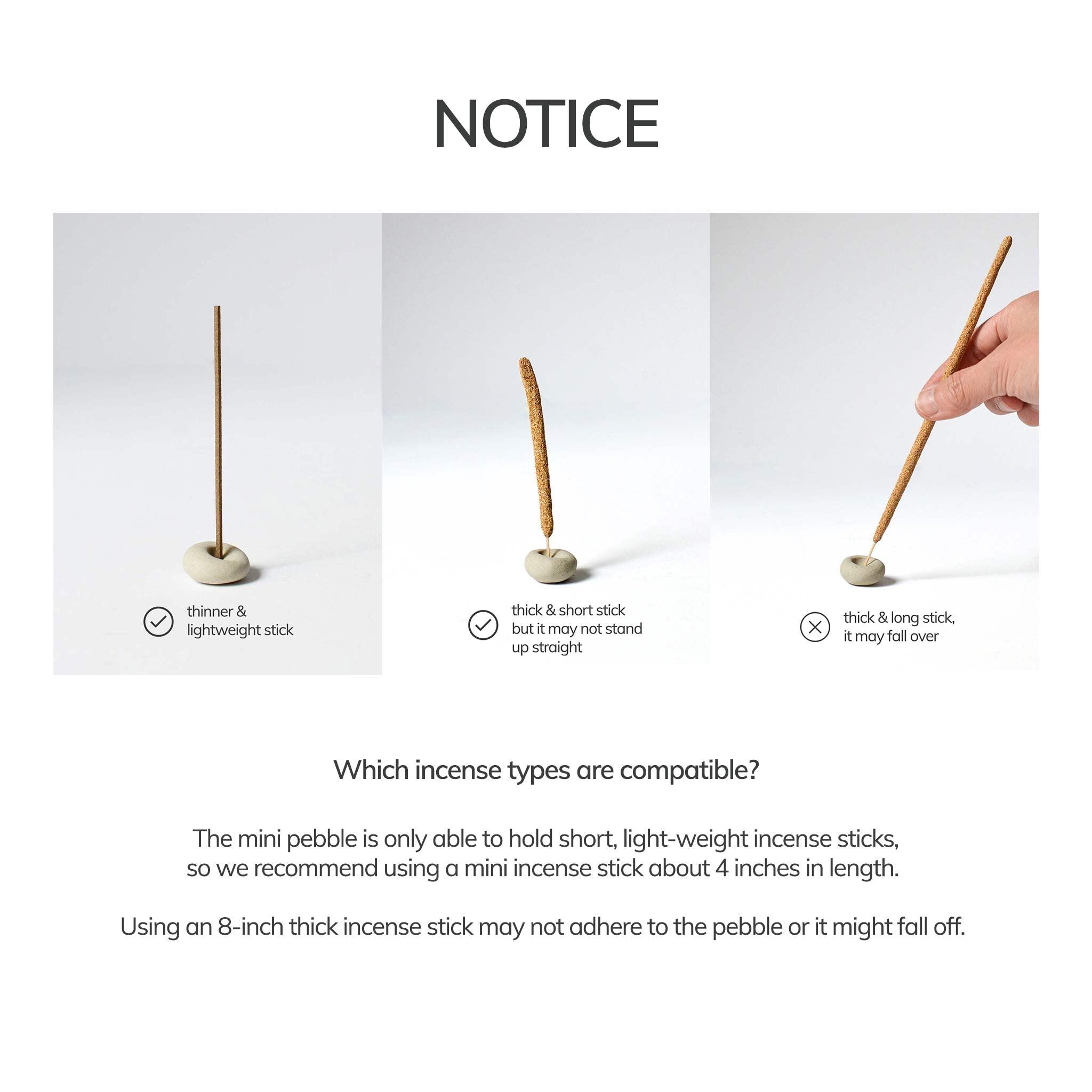 1. short and light-weight incense stick with pebble-shaped incense holder, 2. incense stick with pebble-shaped incense holder, 3. holding long incense stick with pebble-shaped ceramic incense holder