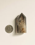 quarter dollar coin and phantom quartz in large hematite