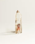 long transparent phantom quartz crystal tower with red pattern