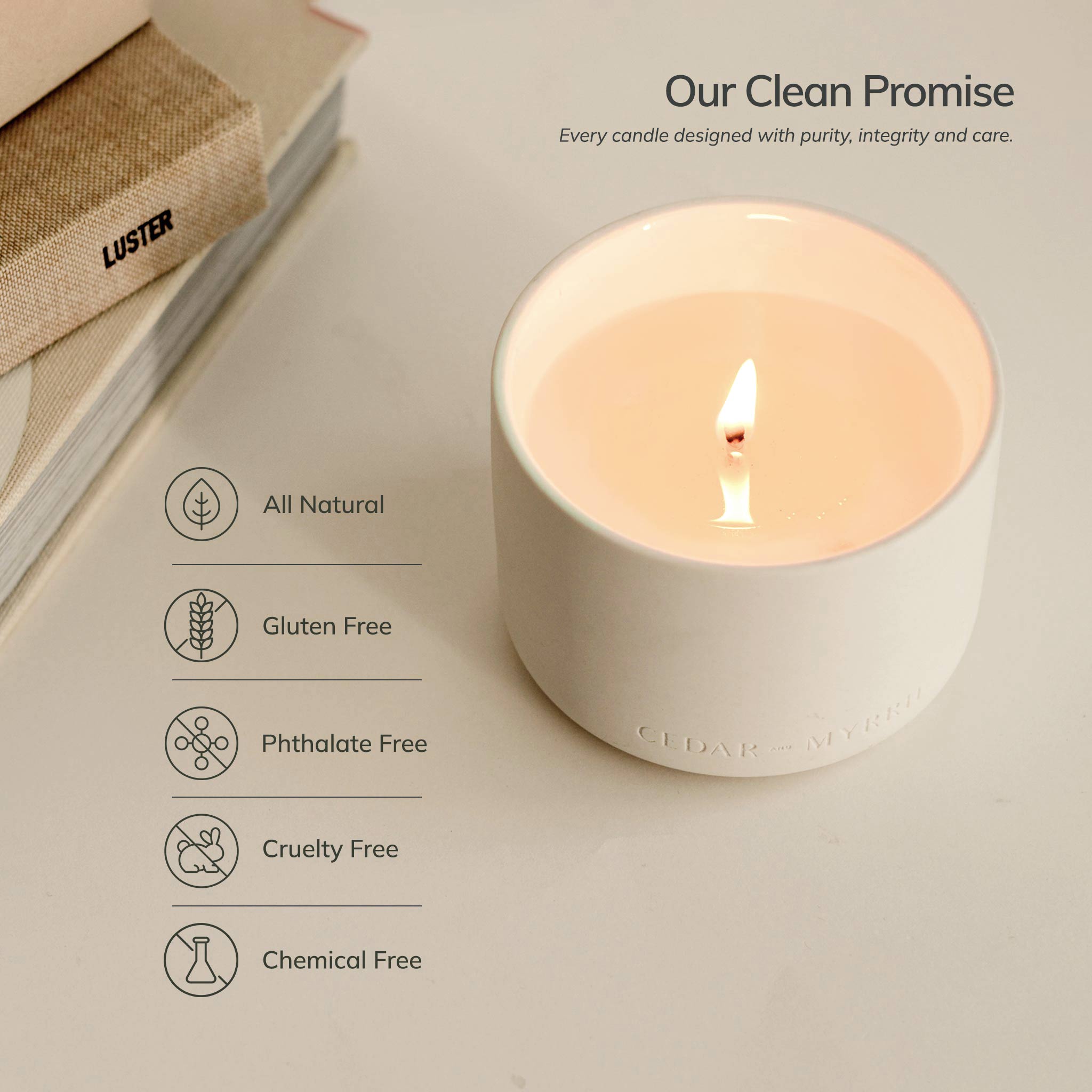 wellness candle with a lit flame on a light surface, featuring keypoints