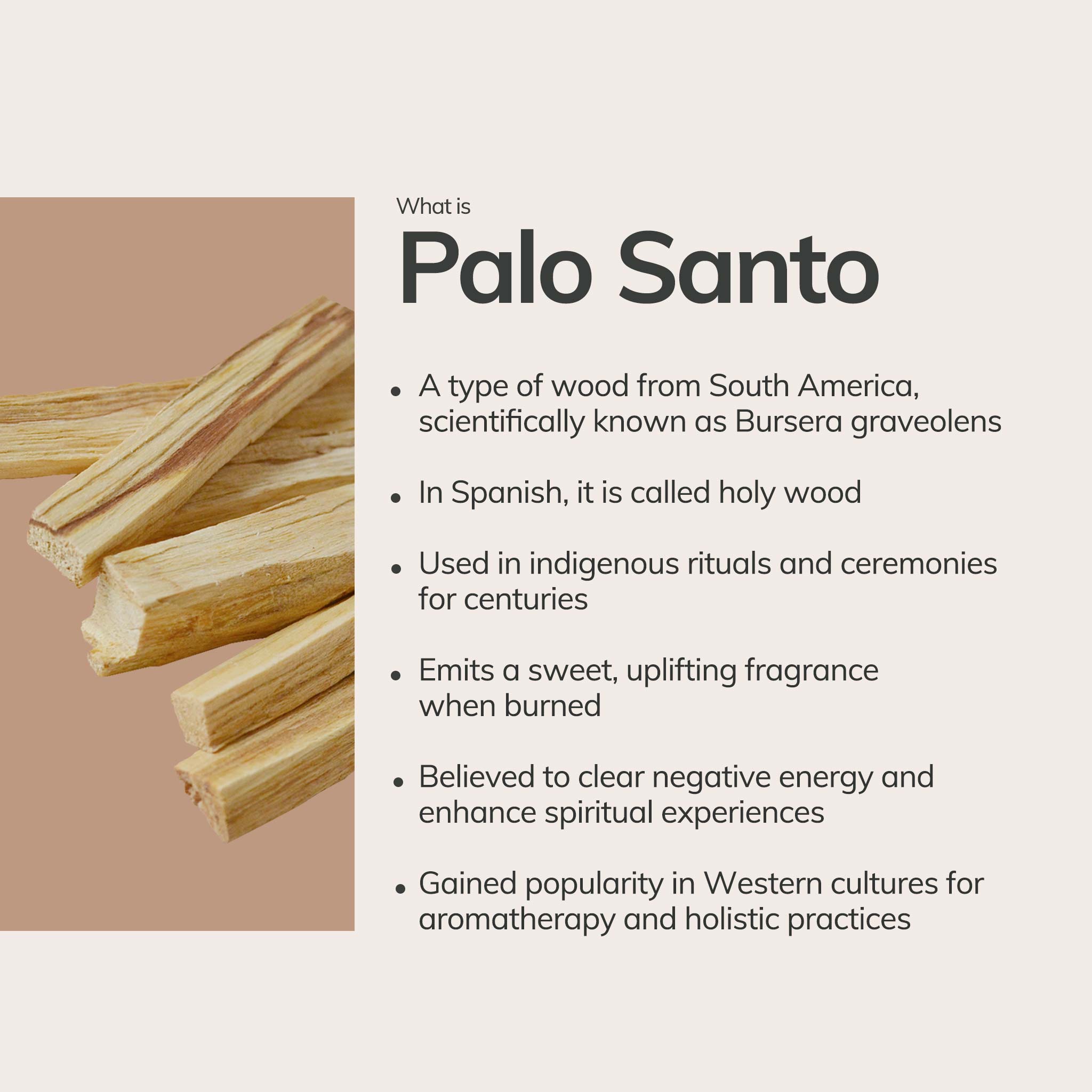 Left: palo santo wood sticks; Right: bullet list telling what is palo santo used for.
