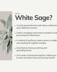 Left: dried white sage leaves; right: bullet list telling what is dried sage leaf used for.