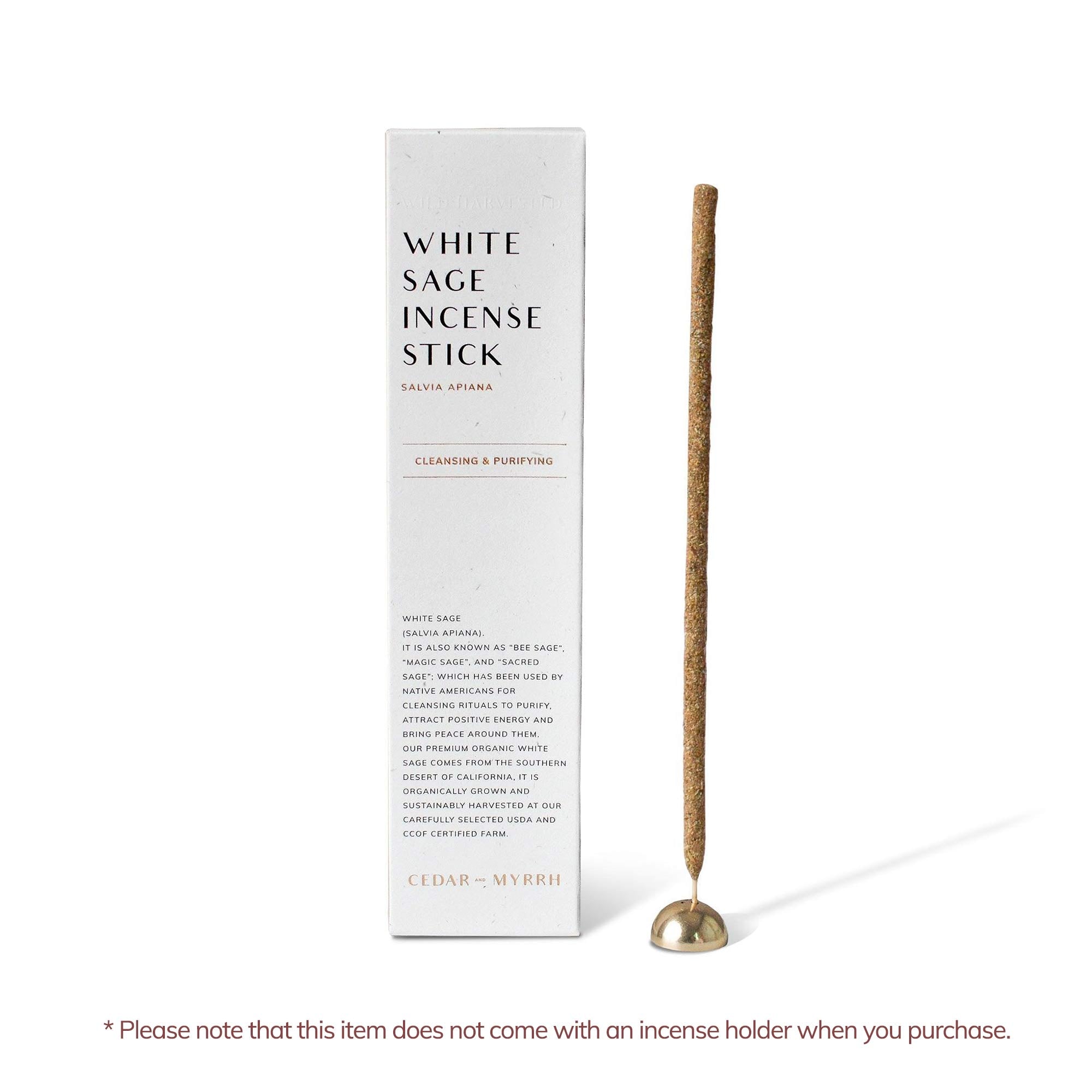 Left: Package of white sage incense stick; Right: White sage hand rolled incense stick with incense holder.